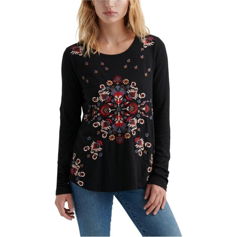 Lucky Brand Womens T-Shirt Medium Black Long Sleeve Embroidered Tee Casual Y2K